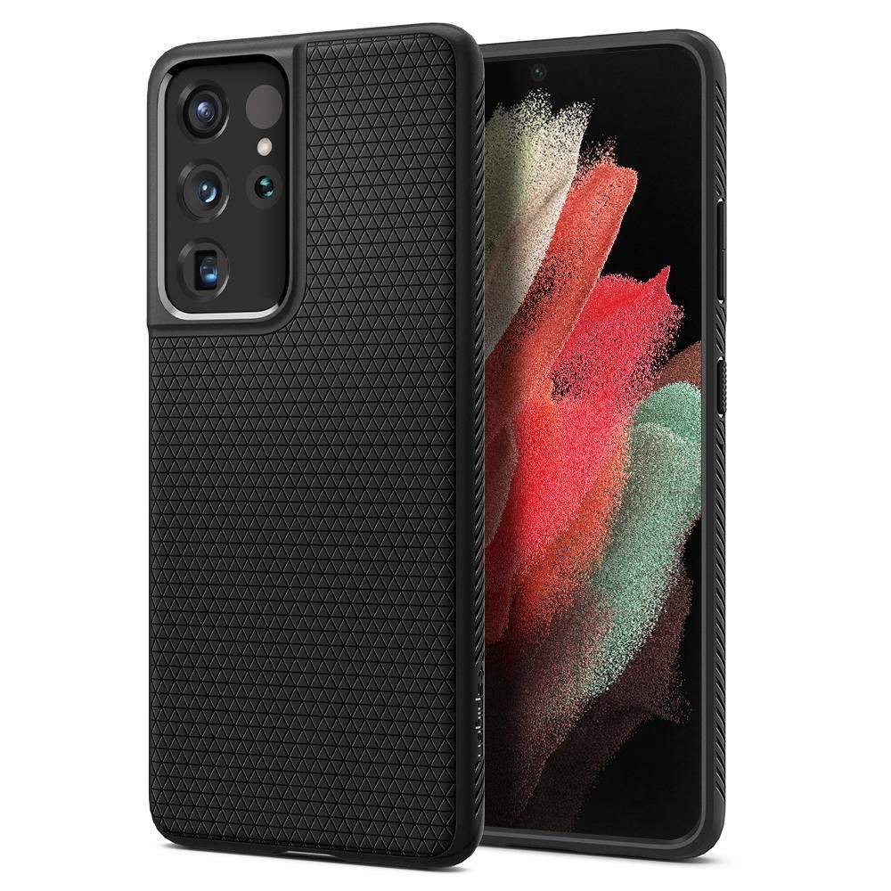 Juodas originalios tekstūros dėklas Spigen "Liquid Air" telefonui Samsung Galaxy S21 Ultra