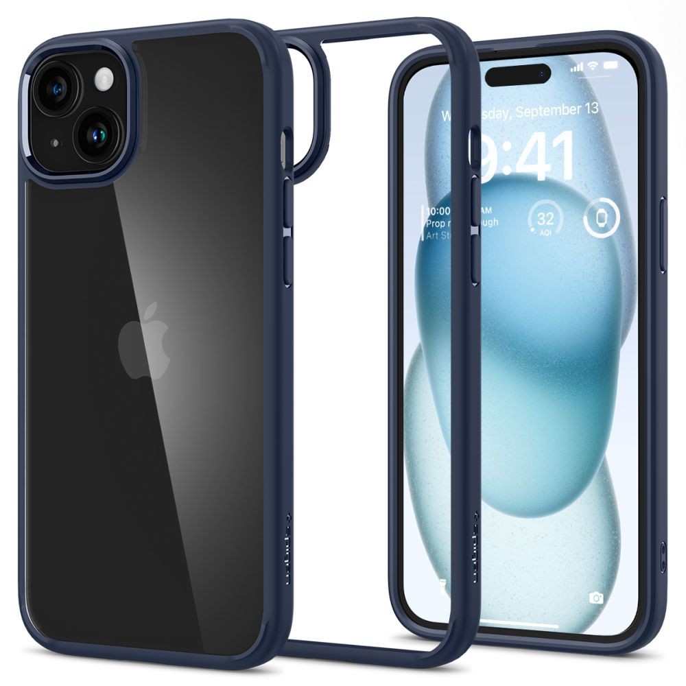 Itin tvirtas skaidrus dėklas mėlynos spalvos kraštais "Spigen Ultra Hybrid" telefonui iPhone 15