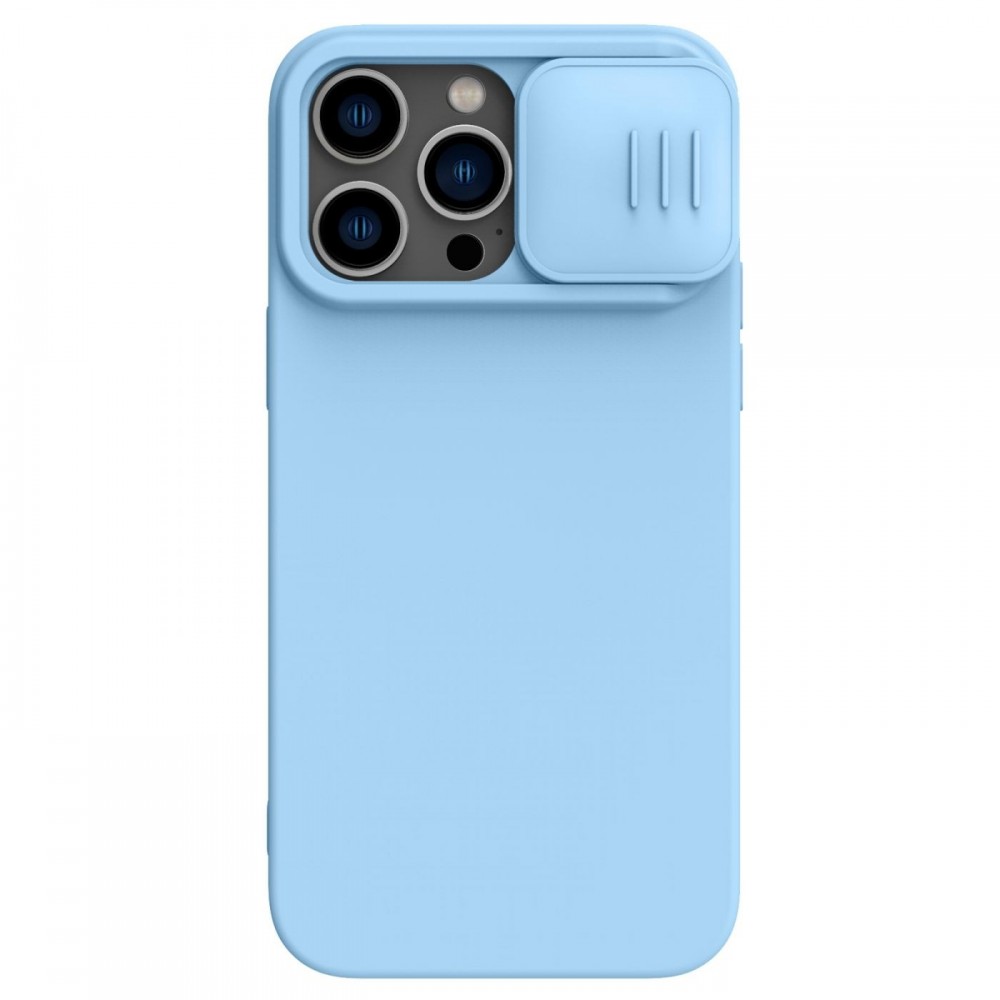 Šviesiai mėlynas dėklas su kameros apsauga "Nillkin CamShield Silky Magnetic Silicone" telefonui iPhone 14 Pro