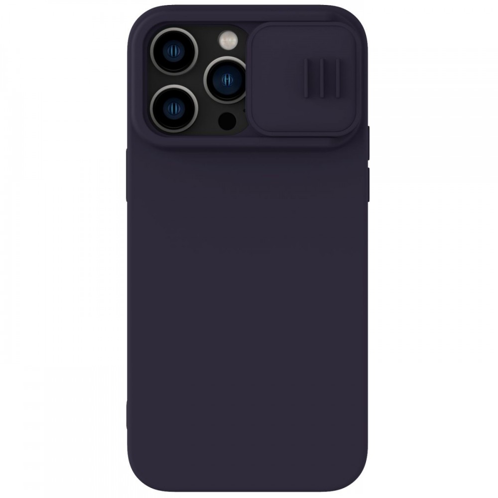 Tamsiai violetinis dėklas su kameros apsauga "Nillkin CamShield Silky Magnetic Silicone" telefonui iPhone 14 Pro Max