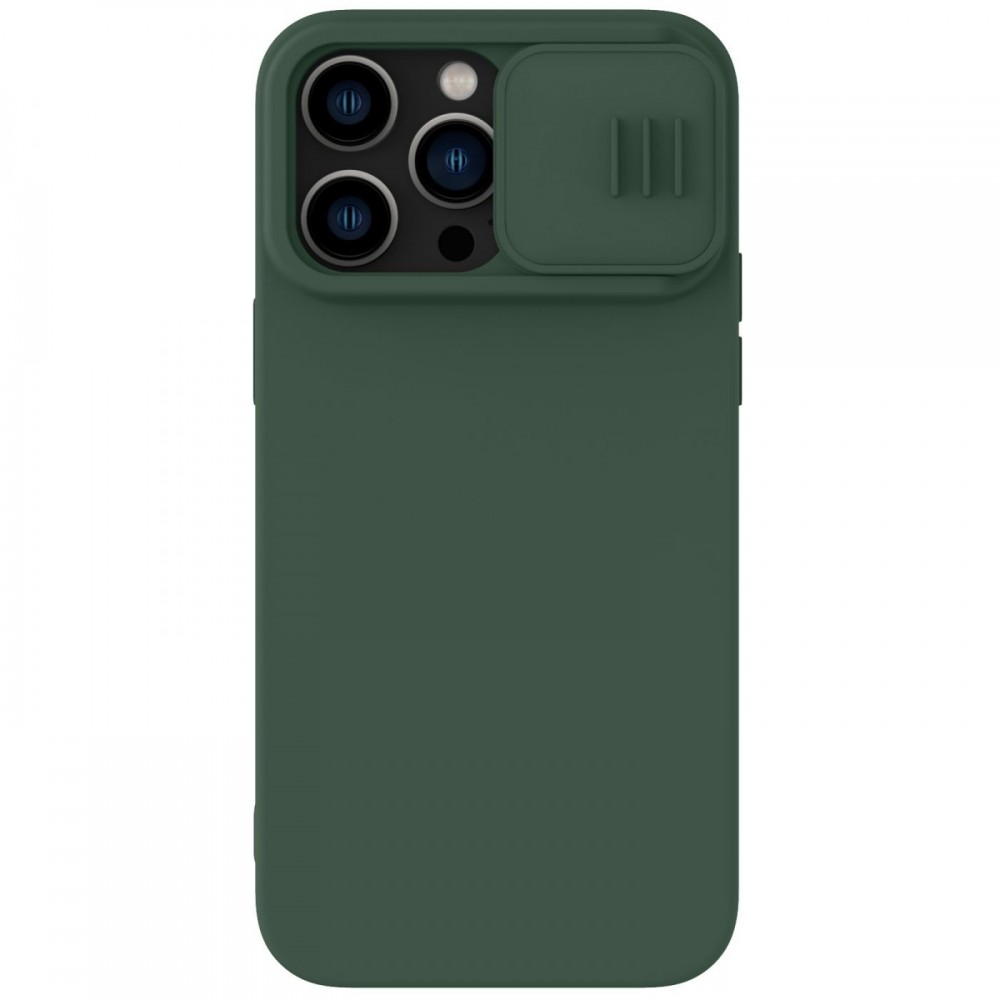 Tamsiai žalias dėklas su kameros apsauga "Nillkin CamShield Silky Magnetic Silicone" telefonui iPhone 14 Pro 