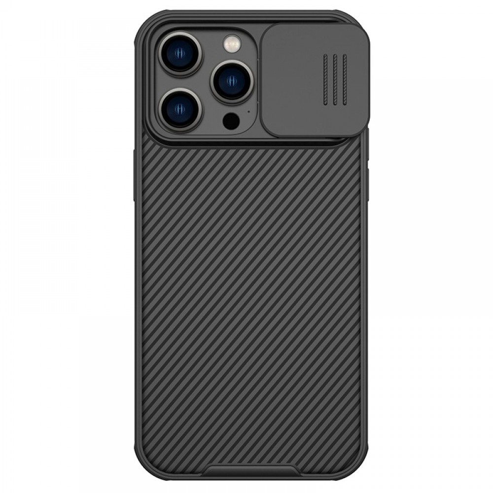 Juodas dėklas su kameros apsauga "Nillkin Camshield Pro" telefonui iPhone 15