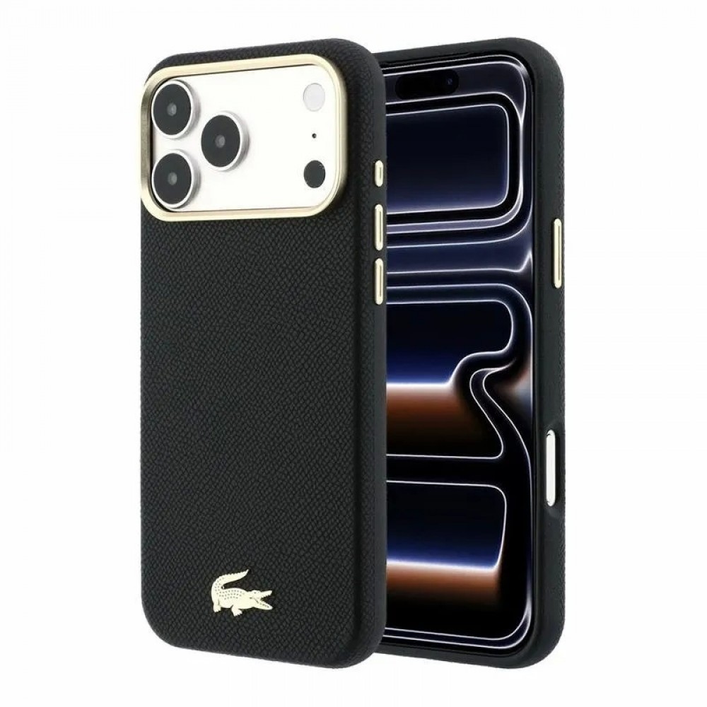 Dėklas Lacoste PU Leather Champs Elysees Gold Logo MagSafe telefonui Apple iPhone 18 Pro juodas