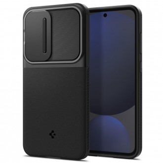 Juodas tekstūrinis dėklas su kameros apsauga "Spigen Optik Armor" telefonui Samsung Galaxy S24 FE