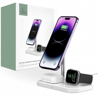 Baltas bevielio pakrovimo stovas "Tech-Protect Wireless QI15W-A22 3IN1" 