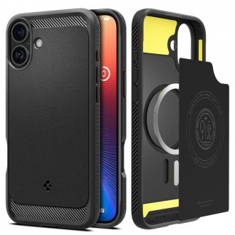 Juodas tekstūrinis dėklas "Spigen Rugged Armor Mag Magsafe" telefonui Apple iPhone 16 Plus