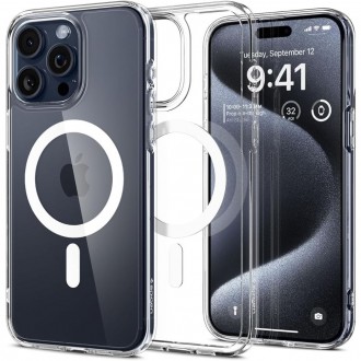 Itin tvirtas skaidrus dėklas su baltomis detalėmis "Spigen Ultra Hybrid Mag Magsafe" telefonui iPhone 15 Pro