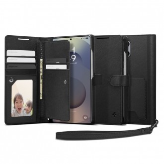Juodas išskirtinio dizaino dėklas/piniginė "Spigen Wallet S" telefonui Samsung Galaxy S25 Ultra