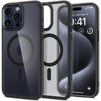 Itin tvirtas, pusiau skaidrus dėklas su juodomis detalėmis "Spigen Ultra Hybrid Mag Magsafe" telefonui iPhone 15 Pro
