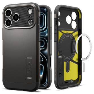 Tvirtas dviejų sluoksnių dėklas su stovu Spigen Tough Armor T Magsafe telefonui Apple iPhone 17 PRO / 18 PRO GUNMETAL