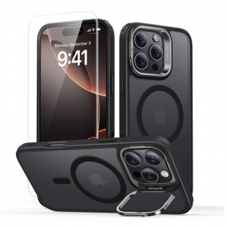 Pusiau skaidrus juodas dėklas/stovas+stikliukas "Esr Classic Hybrid Kickstand Halolock Magsafe & Tempered Glass" telefonui Apple iPhone 16 Pro