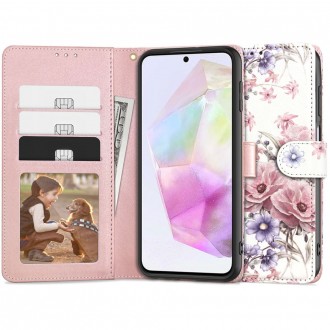 Gėlėtas atverčiamas dėklas "Tech-Protect Wallet Garden Violet" telefonui Galaxy A35 5G