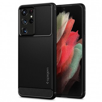 Juodas tekstūrinis dėklas "Spigen Rugged Armor" telefonui Galaxy S21 Ultra