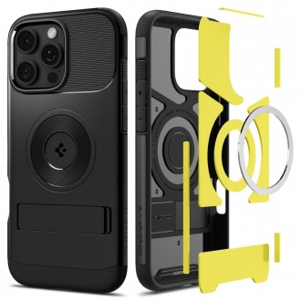 Juodas dviejų tekstūrų dėklas su stovu "Spigen Slim Armor Mag Magsafe" telefonui Apple iPhone 16 Pro Max
