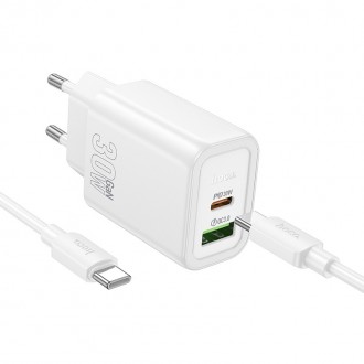Įkroviklis Hoco N63 30W GaN USB-C / USB-A + USB-C to USB-C cable 1.0m baltas