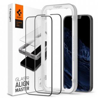 Apsauginis stiklas juodais krašteliais "SPIGEN ALM GLASS FC” (2-vnt) su montavymo rėmeliu telefonui iPhone 13 Pro Max / 14 Plus