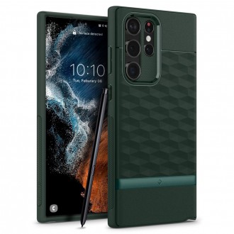 Tamsiai žalias 3D dizaino dėklas, "Spigen Caseology Parallax" telefonui Samsung Galaxy S22 Ultra