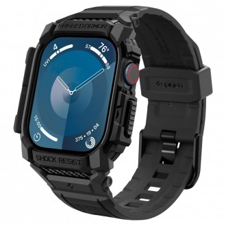 Juodos spalvos sportinio stiliaus apyrankė/dėklas "Spigen Rugged Armor Pro" laikrodžiui Apple Watch 10 (42 MM)
