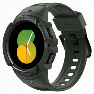 Žalios spalvos sportinio stiliaus apyrankė/dėklas "Spigen Rugged Armor Pro" laikrodžiui Galaxy Watch 4 / 5 (44 MM)