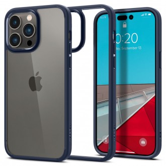 Itin tvirtas permatomas dėklas mėlynos spalvos kraštais "Spigen Ultra Hybrid" telefonui iPhone 14 Pro