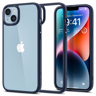 Itin tvirtas skaidrus dėklas mėlynos spalvos kraštais "Spigen Ultra Hybrid" telefonui iPhone 14 