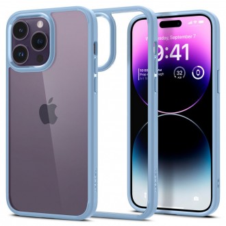 Itin tvirtas skaidrus dėklas melsvos spalvos kraštais "Spigen Ultra Hybrid" telefonui iPhone 14 Pro 