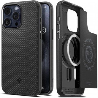 Juodas originalios matinės tekstūros dėklas "Spigen Mag Armor Magsafe" telefonui iPhone 15 Pro Max