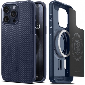 Mėlynas originalios matinės tekstūros dėklas "Spigen Mag Armor Magsafe" telefonui iPhone 15 Pro Max
