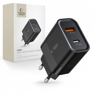 Juodas pakrovėjas - įkroviklis "Tech-Protect C30W 2-Port Network Charger PD 30W / QC3.0"