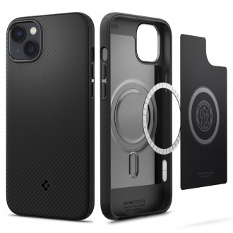 Juodas originalios matinės tekstūros dėklas "Spigen Mag Armor" telefonui iPhone 14 Plus