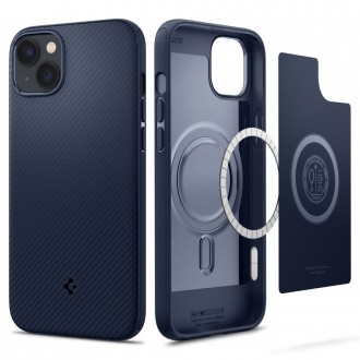 Mėlynas originalios matinės tekstūros dėklas "Spigen Mag Armor" telefonui iPhone 14 Plus