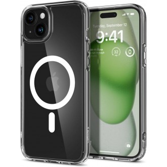Itin tvirtas skaidrus dėklas su baltomis detalėmis "Spigen Ultra Hybrid Mag Magsafe" telefonui iPhone 15