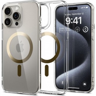 Itin tvirtas skaidrus dėklas su auksinėmis detalėmis "Spigen Ultra Hybrid Mag Magsafe" telefonui iPhone 15 Pro