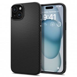 Juodas originalios tekstūros dėklas "Spigen Liquid Air" telefonui iPhone 15
