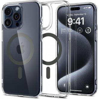 Itin tvirtas skaidrus dėklas su pilkomis detalėmis "Spigen Ultra Hybrid Mag Magsafe" telefonui iPhone 15 Pro