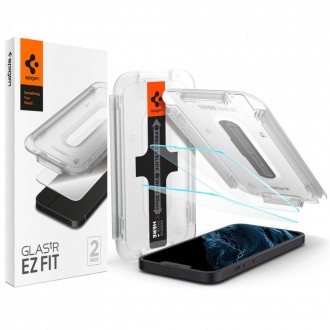 Apsauginis stiklas "SPIGEN GLAS.TR ”EZ FIT” (2-vnt) su montavimo rėmeliu telefonui iPhone 13 / 13 Pro / 14