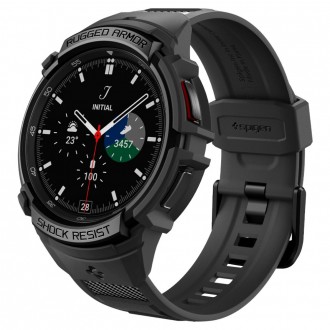 Juodos spalvos sportinio stiliaus apyrankė/dėklas "Spigen Rugged Armor Pro" laikrodžiui Galaxy Watch 6 Classic (43 MM)