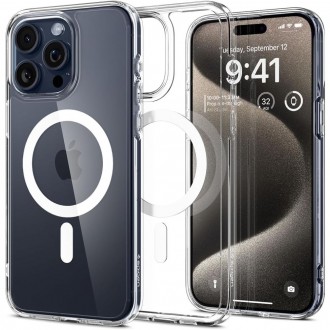 Itin tvirtas skaidrus dėklas su baltomis detalėmis "Spigen Ultra Hybrid Mag Magsafe" telefonui iPhone 15 Pro Max