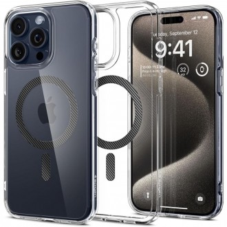 Itin tvirtas skaidrus dėklas su anglies pluošto detalėmis "Spigen Ultra Hybrid Mag Magsafe" telefonui iPhone 15 Pro Max