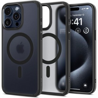 Itin tvirtas, pusiau skaidrus dėklas su juodomis detalėmis "Spigen Ultra Hybrid Mag Magsafe" telefonui iPhone 15 Pro Max