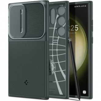 Pilkas tekstūrinis dėklas su kameros apsauga Spigen "Optik Armor" telefonui Samsung Galaxy S23 Ultra