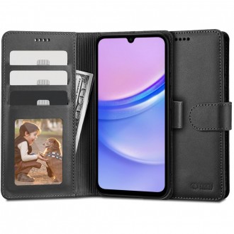 Juodas atverčiamas dėklas "Tech-Protect Wallet" telefonui Samsung Galaxy A15 4G / 5G