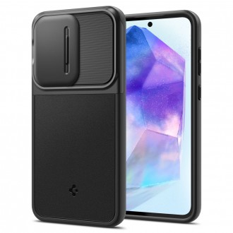 Juodas tekstūrinis dėklas su kameros apsauga "Spigen Optik Armor" telefonui Samsung Galaxy A55 5G
