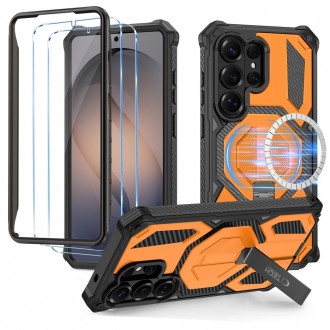 Juodas tvirtas dėklas su oranžinėmis detalėmis "Tech-Protect Magblast Magsafe + Glass 2-Pack" telefonui Samsung Galaxy S26 Ultra