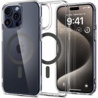 Itin tvirtas skaidrus dėklas su pilkomis detalėmis "Spigen Ultra Hybrid Mag Magsafe" telefonui iPhone 15 Pro Max
