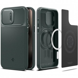 Žalias tekstūrinis dėklas su kameros apsauga "Spigen Optik Armor Mag Magsafe" telefonui iPhone 15 Pro Max