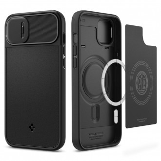 Juodas tekstūrinis dėklas su kameros apsauga "Spigen Optik Armor Mag Magsafe" telefonui iPhone 14