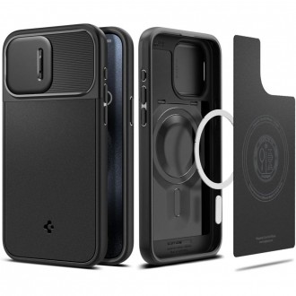 Juodas tekstūrinis dėklas su kameros apsauga "Spigen Optik Armor Mag Magsafe" telefonui iPhone 15 Pro Max
