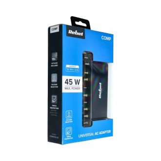 Įkroviklis buitinis universalus REBEL for Notebook / Laptop 45W / 18-20V juodas