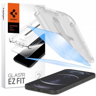 Novatoriškas, apsaugantis nuo mėlynosios šviesos stiklas "SPIGEN GLAS.TR ”EZ FIT ANTIBLUE” (2-vnt) su montavymo rėmeliu telefonui iPhone 13 / 13 Pro